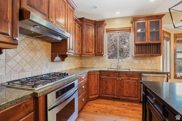 1321 E Farm Hill Dr, Salt Lake City, UT 84117 - kitchen featuring light wood finished floors, under cabinet range hood, a sink, glass insert cabinets, and appliances with stainless steel finishes