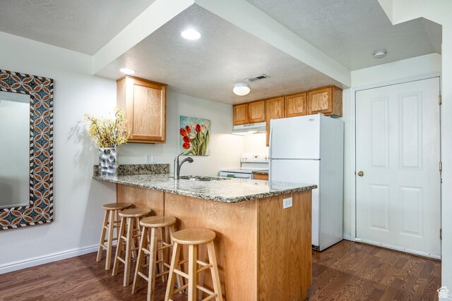 2503 S 160 E Unit 6D, Ogden, UT 84401 - kitchen with a peninsula, a sink, visible vents, white appliances, and under cabinet range hood