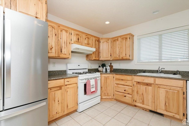 1176 E 900 S, Preston, ID 83263 - kitchen with freestanding refrigerator, white gas range, under cabinet range hood, light brown cabinetry, and dark countertops