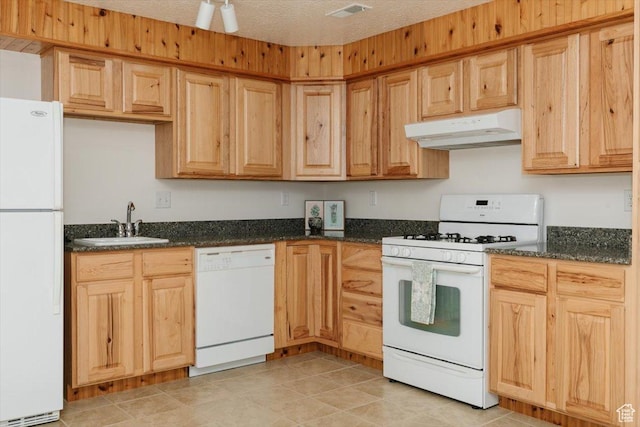 1176 E 900 S, Preston, ID 83263 - kitchen featuring white appliances, under cabinet range hood, dark stone counters, and light brown cabinetry
