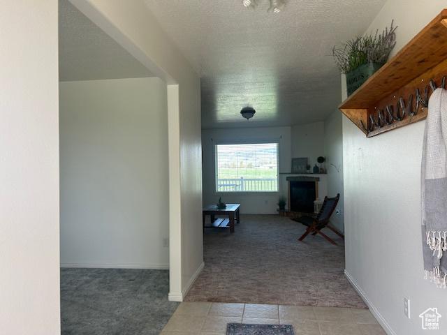 1176 E 900 S, Preston, ID 83263 - hall featuring a textured ceiling, carpet flooring, tile patterned floors, and baseboards
