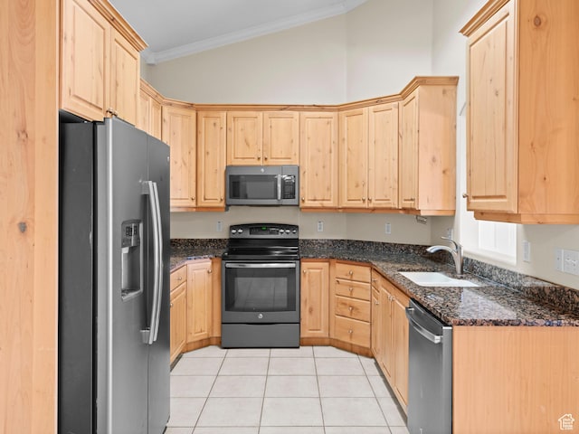 165 S Pleasant Grove Blvd Unit 45, Pleasant Grove, UT 84062 - kitchen featuring a sink, appliances with stainless steel finishes, crown molding, light brown cabinets, and light tile patterned floors