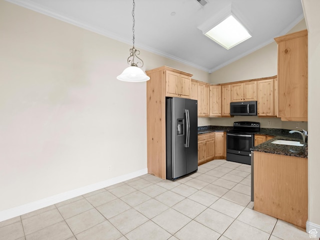 165 S Pleasant Grove Blvd Unit 45, Pleasant Grove, UT 84062 - kitchen with light brown cabinetry, a sink, lofted ceiling, black range with electric stovetop, and stainless steel refrigerator with ice dispenser