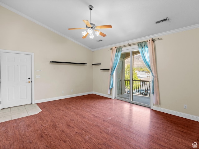 165 S Pleasant Grove Blvd Unit 45, Pleasant Grove, UT 84062 - interior space featuring vaulted ceiling, visible vents, a ceiling fan, wood finished floors, and crown molding