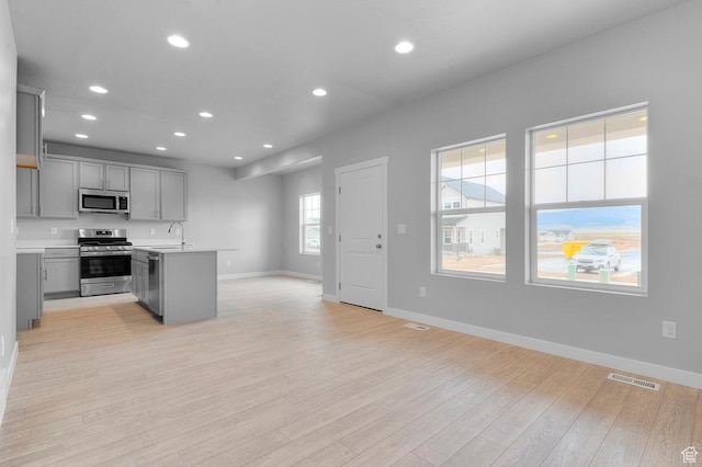 kitchen with visible vents, gray cabinets, baseboards, appliances with stainless steel finishes, and open floor plan