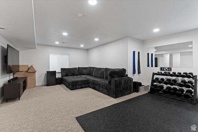 living room with carpet and recessed lighting