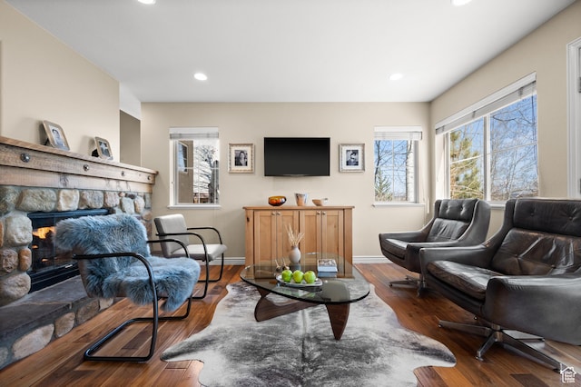 1975 Picabo St, Park City, UT 84098 - living room with recessed lighting, baseboards, wood finished floors, and a fireplace