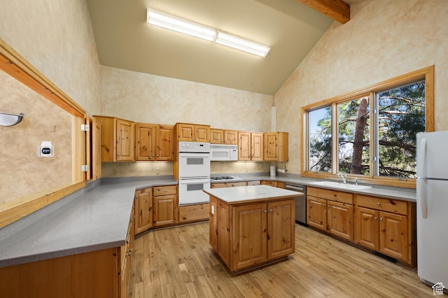 1975 Picabo St, Park City, UT 84098 - kitchen with light wood-type flooring, high vaulted ceiling, a sink, and white appliances