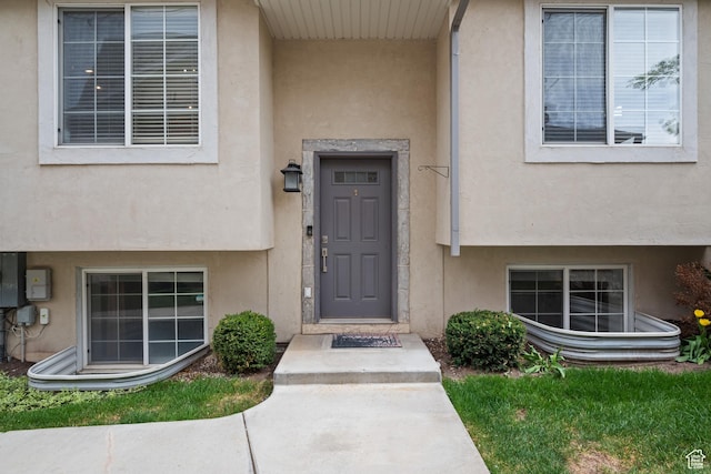 property entrance with stucco siding
