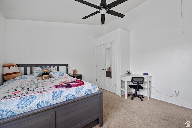 carpeted bedroom featuring ceiling fan and baseboards
