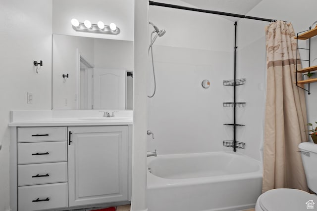 bathroom with toilet, vanity, and shower / tub combo with curtain