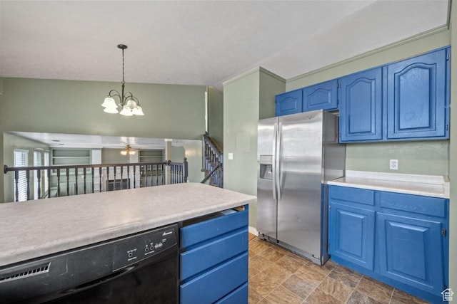 kitchen featuring blue cabinets, stainless steel refrigerator with ice dispenser, and black dishwasher