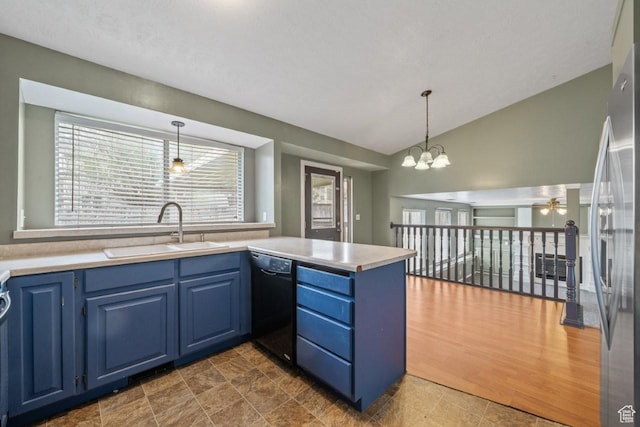 kitchen with blue cabinets, a peninsula, a sink, vaulted ceiling, and dishwasher