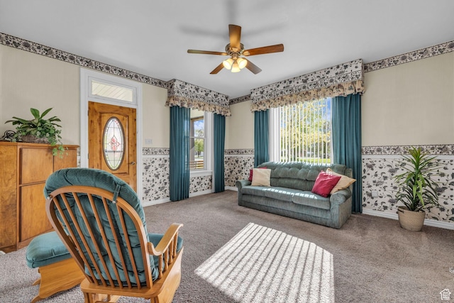 311 E 100 S, Springville, UT 84663 - carpeted living area with wainscoting, wallpapered walls, and a ceiling fan
