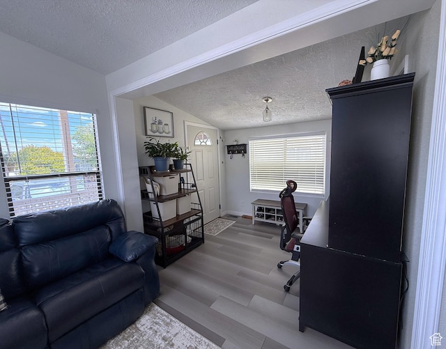 1150 W Red Hills Pkwy Unit 137, Washington, UT 84780 - office area with a textured ceiling, wood finished floors, lofted ceiling, and baseboards