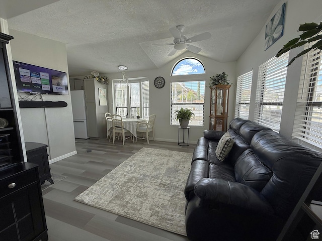 1150 W Red Hills Pkwy Unit 137, Washington, UT 84780 - living area with vaulted ceiling, ceiling fan, a textured ceiling, baseboards, and wood finished floors