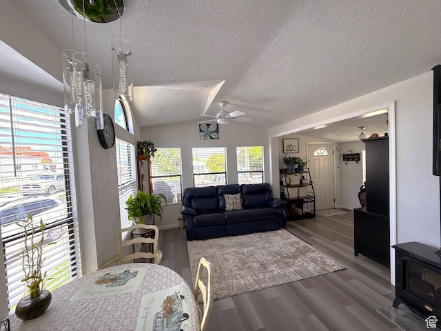 1150 W Red Hills Pkwy Unit 137, Washington, UT 84780 - living area with a textured ceiling, ceiling fan, wood finished floors, lofted ceiling, and a wood stove