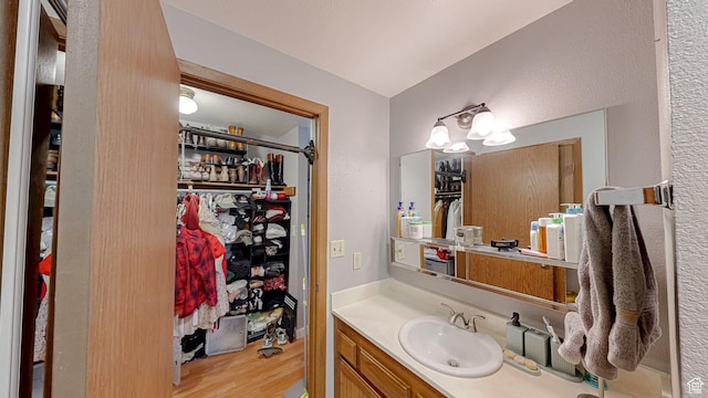 bathroom with wood finished floors, a spacious closet, and vanity