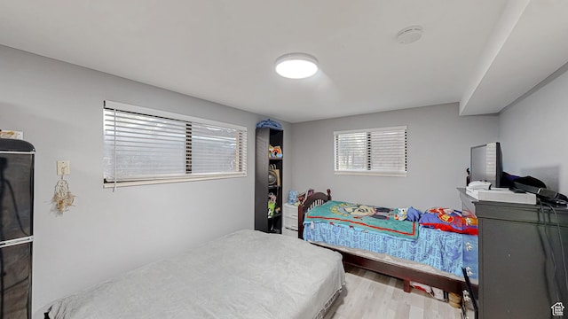 bedroom featuring multiple windows and wood finished floors