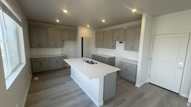 3448 S 3100 W Unit 153, West Haven, UT 84401 - kitchen with backsplash, gray cabinetry, a sink, and light wood-style flooring
