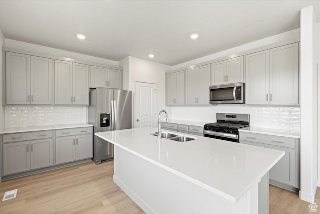 3448 S 3100 W Unit 153, West Haven, UT 84401 - kitchen featuring appliances with stainless steel finishes, gray cabinetry, tasteful backsplash, light wood finished floors, and recessed lighting