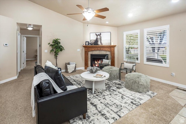 5195 S 5825 W, Hooper, UT 84315 - carpeted living area with a fireplace, lofted ceiling, baseboards, and ceiling fan