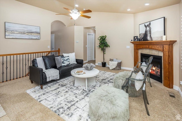 5195 S 5825 W, Hooper, UT 84315 - living area with a tiled fireplace, visible vents, carpet, vaulted ceiling, and a ceiling fan