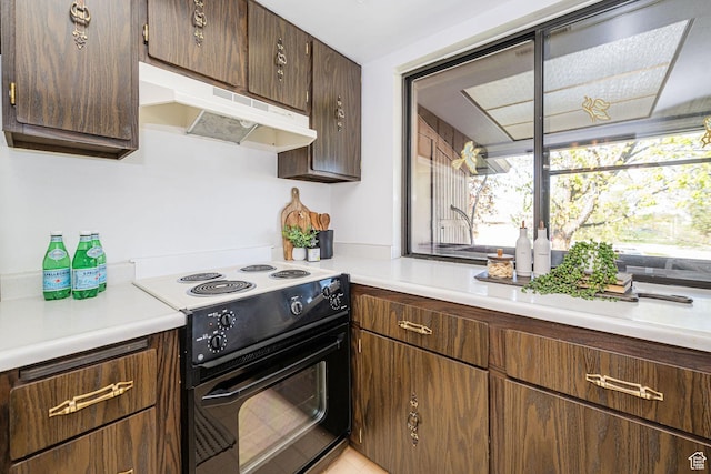 325 E 2550 N Unit 4, North Ogden, UT 84414 - kitchen with electric range, dark brown cabinetry, under cabinet range hood, and light countertops