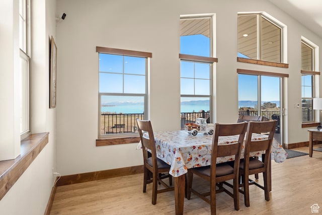 1428 N Broad Hollow Rd, Garden City, UT 84028 - dining room featuring light wood-style floors, a high ceiling, and baseboards