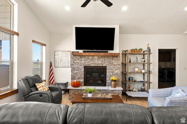 1428 N Broad Hollow Rd, Garden City, UT 84028 - living area with recessed lighting, wood finished floors, a ceiling fan, washing machine and dryer, and a fireplace