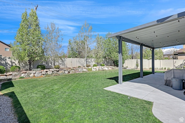 view of yard featuring a patio area and a fenced backyard
