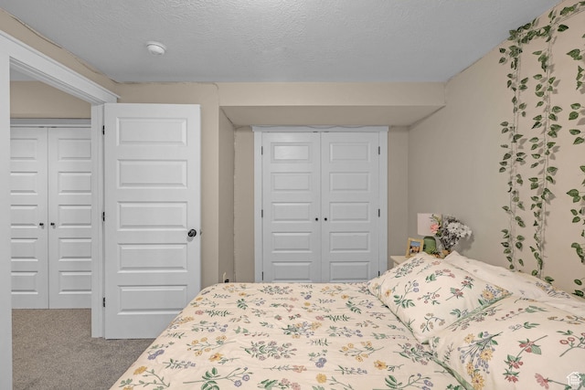 carpeted bedroom with a textured ceiling and a closet