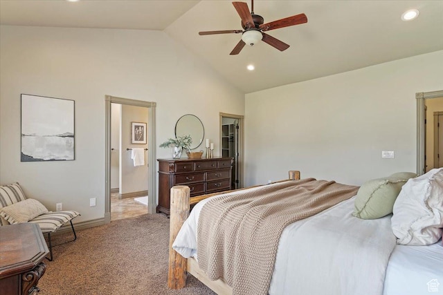 5328 N 3275 E, Liberty, UT 84310 - bedroom with baseboards, recessed lighting, light colored carpet, ceiling fan, and high vaulted ceiling