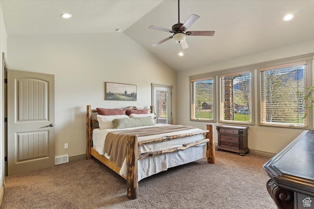 5328 N 3275 E, Liberty, UT 84310 - carpeted bedroom featuring recessed lighting, visible vents, a ceiling fan, baseboards, and high vaulted ceiling
