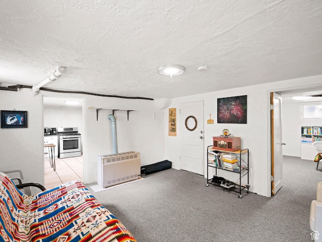 living room featuring a textured ceiling, light colored carpet, and heating unit