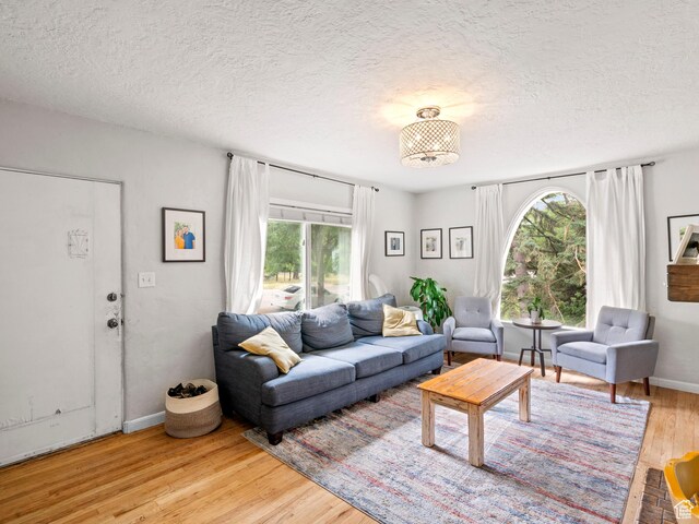 living area with baseboards, a textured ceiling, and light wood-type flooring