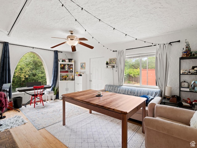living area with a ceiling fan, wood finished floors, and a textured ceiling