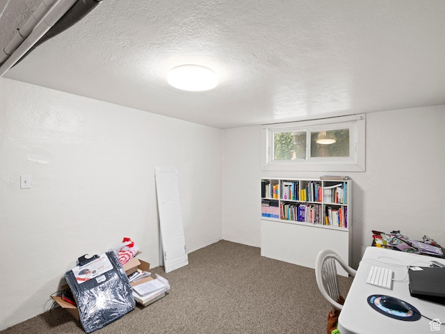 office featuring carpet flooring and a textured ceiling