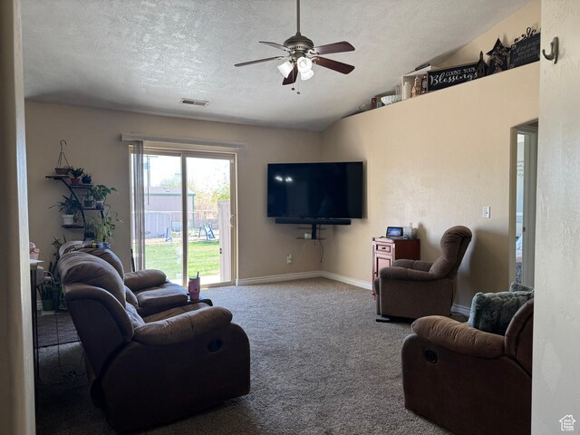 532 N 300 E, Roosevelt, UT 84066 - living room with vaulted ceiling, a textured ceiling, ceiling fan, carpet, and visible vents