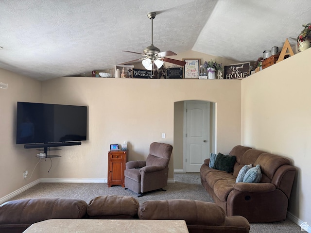 532 N 300 E, Roosevelt, UT 84066 - living area featuring vaulted ceiling, a textured ceiling, ceiling fan, carpet floors, and baseboards