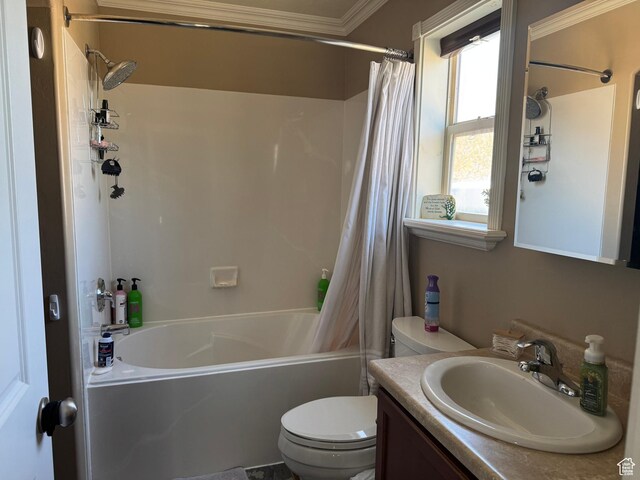 532 N 300 E, Roosevelt, UT 84066 - full bathroom with toilet, vanity, ornamental molding, and shower / bath combination with curtain