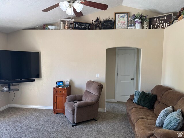 532 N 300 E, Roosevelt, UT 84066 - living area featuring ceiling fan, lofted ceiling, carpet flooring, and a textured ceiling