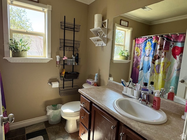 532 N 300 E, Roosevelt, UT 84066 - bathroom with vanity, a shower with curtain, baseboards, toilet, and ornamental molding