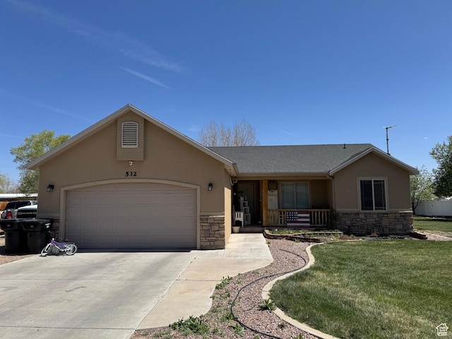532 N 300 E, Roosevelt, UT 84066 - ranch-style home featuring stone siding, covered porch, a garage, and stucco siding
