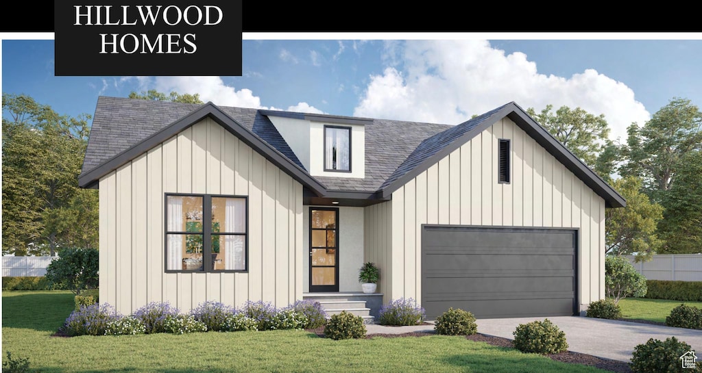 modern inspired farmhouse featuring concrete driveway, board and batten siding, an attached garage, roof with shingles, and a front yard