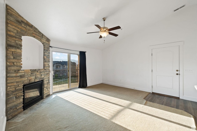 1045 S 1700 W Unit 1032, Payson, UT 84651 - unfurnished living room with ceiling fan, carpet floors, a fireplace, lofted ceiling, and visible vents
