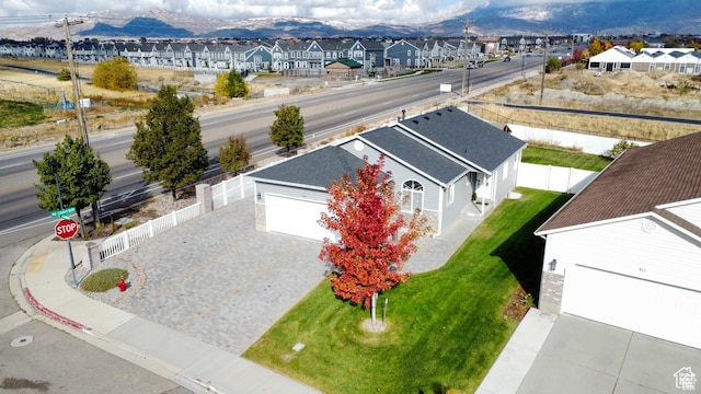 bird's eye view featuring a mountain view and a residential view