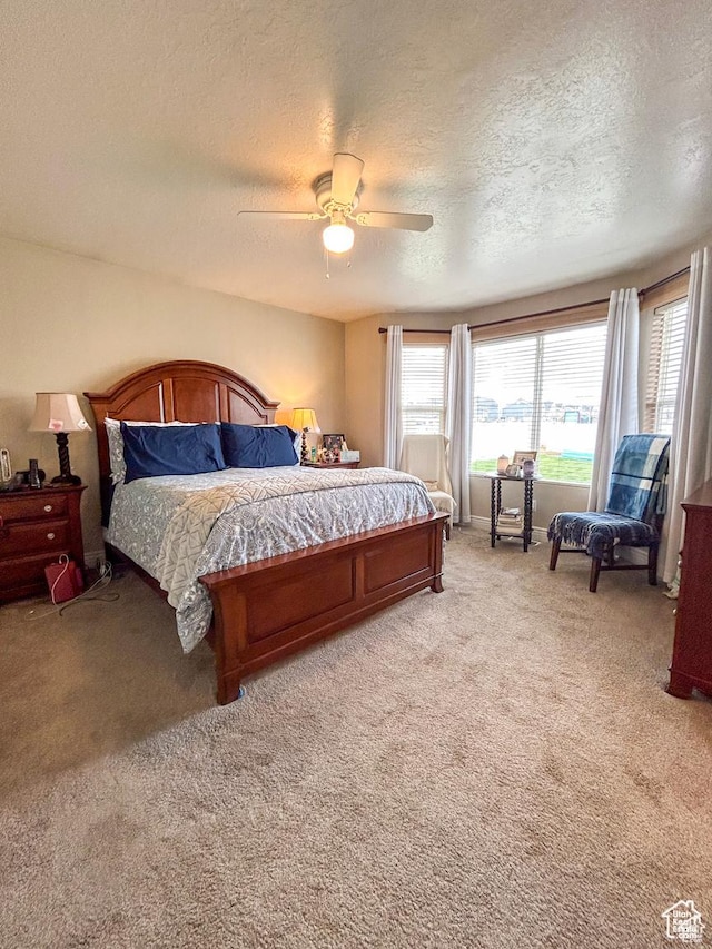 bedroom featuring light colored carpet, multiple windows, and a textured ceiling