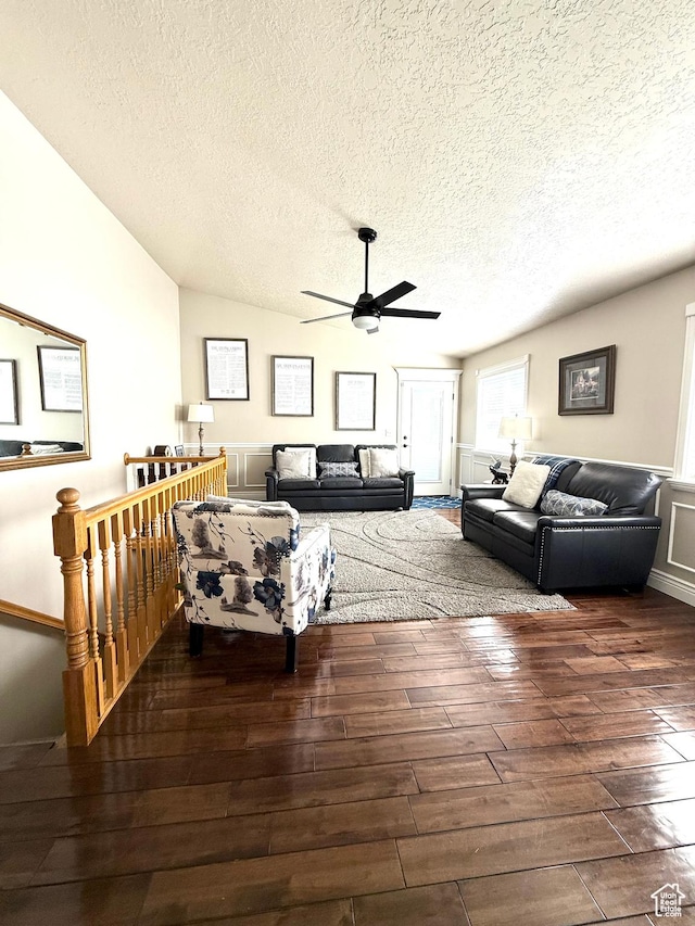 909 E 1520 N, American Fork, UT 84003 - living room featuring wood-type flooring, a textured ceiling, a ceiling fan, and vaulted ceiling