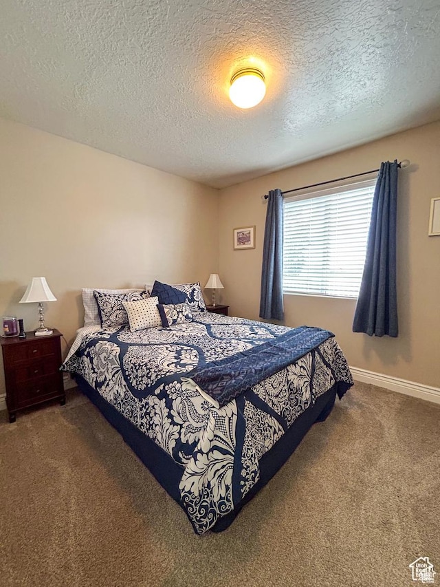 bedroom featuring carpet floors, a textured ceiling, and baseboards